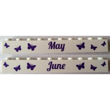 white brick 1 x 10 with dark purple may and june pattern on opposite sides