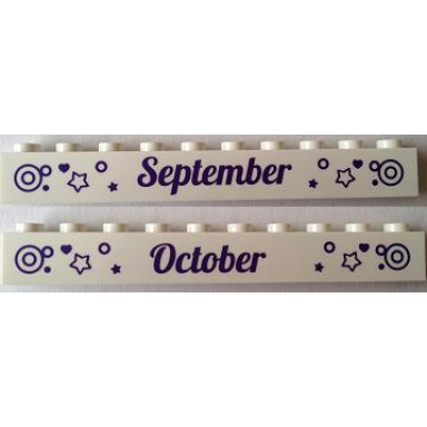 white brick 1 x 10 with dark purple september and october pattern on opposite sides