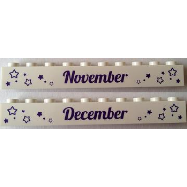 white brick 1 x 10 with dark purple november and december pattern on opposite sides