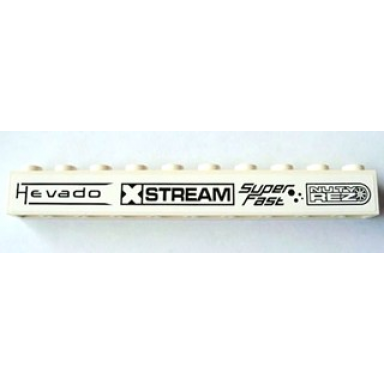 white brick 1 x 10 with black hevado xstream super fast and nuty rez pattern sticker - set 8154