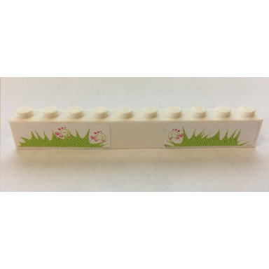 white brick 1 x 10 with grass and hearts pattern stickers - set 7586