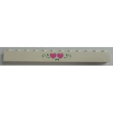 white brick 1 x 12 with two dark pink hearts and green leaves pattern sticker - set 5890