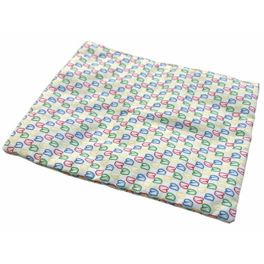 white duplo doll cloth blanket with blue lime red and yellow bunny pattern