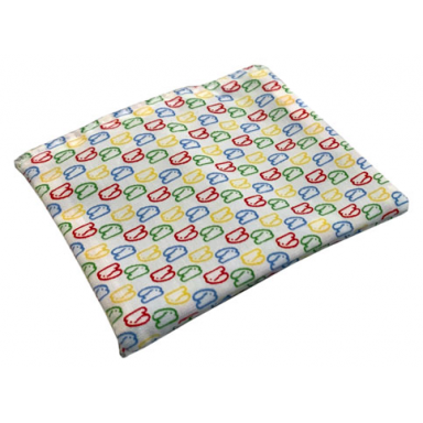 white duplo doll cloth pillow with blue lime red and yellow bunny pattern