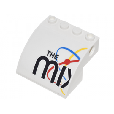 white slope curved 4 x 4 x 2 with 4 studs and pin holes with the mix blue red and yellow spinning orbits model left side pattern sticker - set 10244