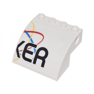 white slope curved 4 x 4 x 2 with 4 studs and pin holes with xer blue red and yellow spinning orbits model right side pattern sticker - set 10244