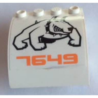 white slope curved 4 x 4 x 2 with 4 studs and pin holes with black bulldog and 7649 pattern model right side sticker - set 7649