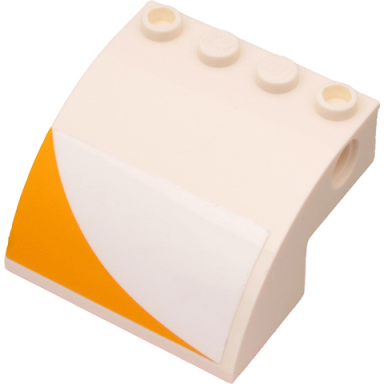 white slope curved 4 x 4 x 2 with 4 studs and pin holes with bright light orange corner stripe pattern model right side sticker - set 60262