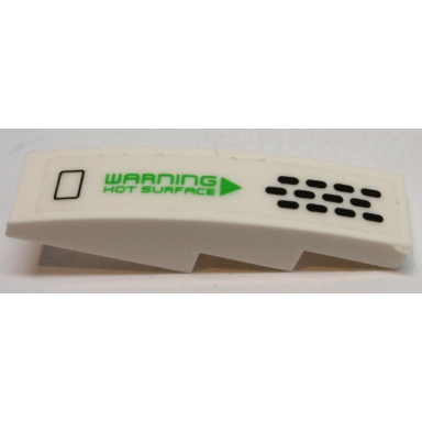 white slope curved 4 x 1 with black vents and bright green warning hot surface pattern model right side sticker - set 70704