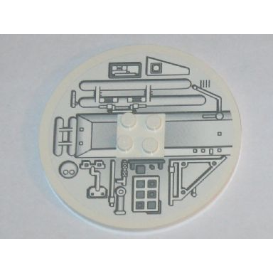 white tile round 8 x 8 with 4 studs in center with machinery pattern model left side sticker - set 10019