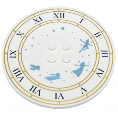 white tile round 8 x 8 with 4 studs in center with clock face gold circles black roman numerals metallic light blue stars and peter pan characters pattern
