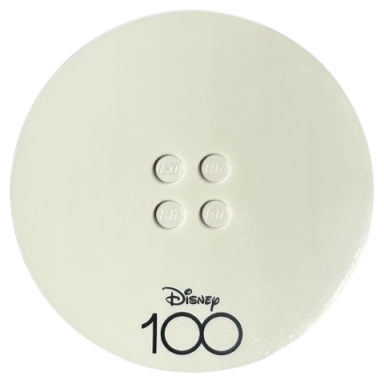 white tile round 8 x 8 with 4 studs in center with black disney 100 pattern