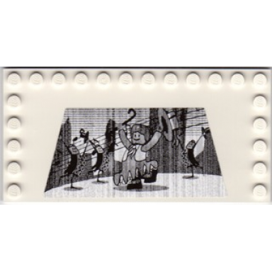 white tile modified 6 x 12 with studs on edges with black and white movie screen with dancing minifigure pattern sticker - set 10232
