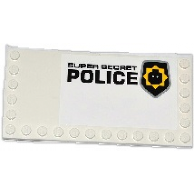 white tile modified 6 x 12 with studs on edges with minifigure head badge and super secret police pattern model right sticker - set 70815