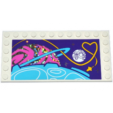 white tile modified 6 x 12 with studs on edges with planets stars and rocket ship pattern sticker - set 41130