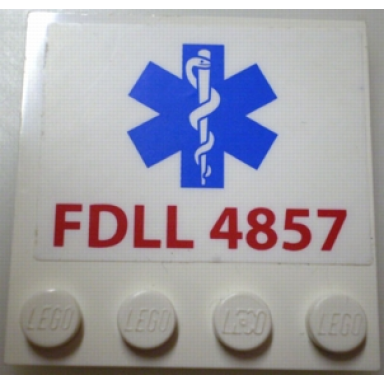 white tile modified 4 x 4 with studs on edge with red fdll 4857 and blue emt star of life pattern sticker - set 4857