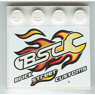 white tile modified 4 x 4 with studs on edge with flaming bsc wrench and brick street customs pattern sticker - set 8681