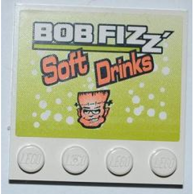 white tile modified 4 x 4 with studs on edge with bob fizz soft drinks and frankenstein monster head pattern sticker - set 8186