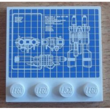 white tile modified 4 x 4 with studs on edge with blueprints pattern sticker - set 8424