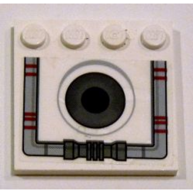 white tile modified 4 x 4 with studs on edge with black and dark bluish gray hole and light gray piping pattern sticker - set 10195