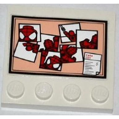 white tile modified 4 x 4 with studs on edge with spider-man photos and cake list on bulletin board pattern sticker - set 76005