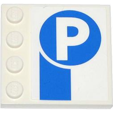 white tile modified 4 x 4 with studs on edge with thick blue stripe and capital letter p in circle pattern sticker - set 4207