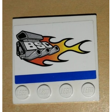 white tile modified 4 x 4 with studs on edge with engine flames bsc and blue stripe pattern model left side sticker - set 8154