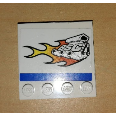 white tile modified 4 x 4 with studs on edge with engine flames bsc and blue stripe pattern model right side sticker - set 8154