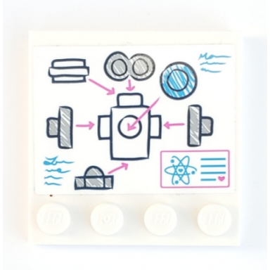 white tile modified 4 x 4 with studs on edge with robot construction diagram and dark pink arrows pattern sticker - set 41307