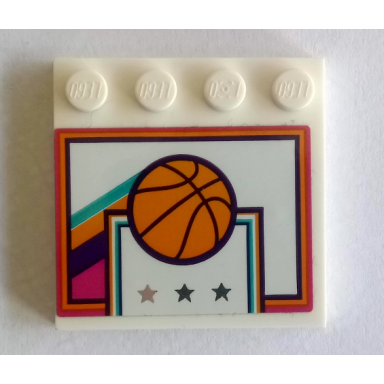 white tile modified 4 x 4 with studs on edge with basketball and backboard with stars pattern sticker - set 41312