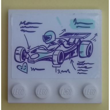 white tile modified 4 x 4 with studs on edge with dark purple and light aqua go-kart driver writing scribble and heart pattern sticker - set 41351
