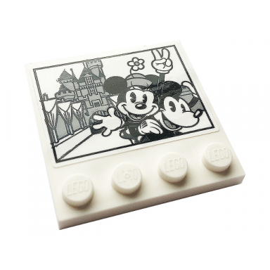 white tile modified 4 x 4 with studs on edge with mickey and minnie mouse and castle pattern sticker - set 43179