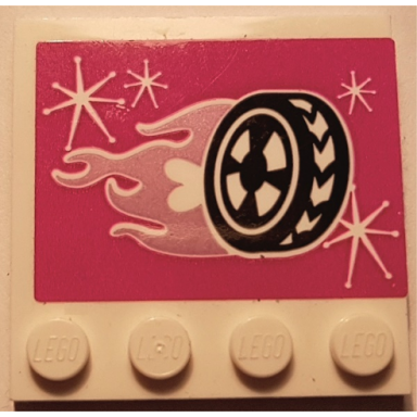 white tile modified 4 x 4 with studs on edge with flaming wheel pattern sticker - set 41352