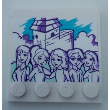 white tile modified 4 x 4 with studs on edge with drawing of 5 friends girls clouds and building pattern sticker - set 41332