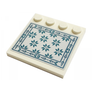 white tile modified 4 x 4 with studs on edge with blanket with metallic light blue snowflakes and ornate border pattern sticker - set 43197