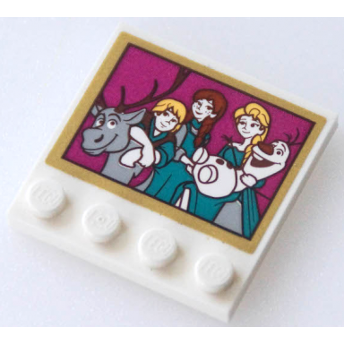 white tile modified 4 x 4 with studs on edges with picture of sven kristoff anna elsa and olaf with gold border pattern sticker - set 41167