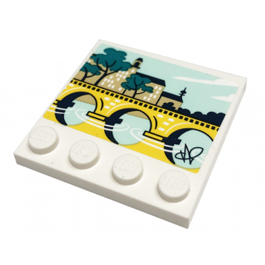 white tile modified 4 x 4 with studs on edge with painting of light aqua river yellow bridge tan building and trees pattern sticker - set 41711
