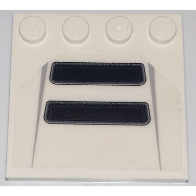 white tile modified 4 x 4 with studs on edge with 2 black trapezoid air vents with rounded corners and light bluish gray tapered lines pattern sticker - set 76908