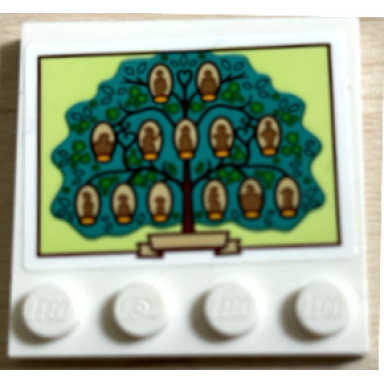 white tile modified 4 x 4 with studs on edge with green and dark turquoise family tree on yellowish green background pattern sticker - set 43202