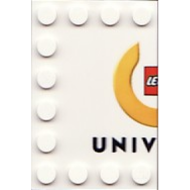 white tile modified 4 x 6 with studs on edges with lego universe logo left half and black univ pattern