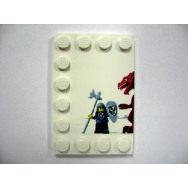 white tile modified 4 x 6 with studs on edges with dragon and knight left half pattern