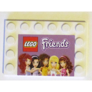 white tile modified 4 x 6 with studs on edges with lego logo and friends pattern