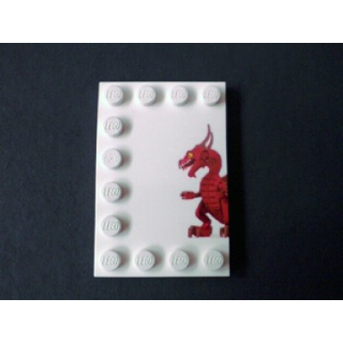 white tile modified 4 x 6 with studs on edges with dragon left half pattern