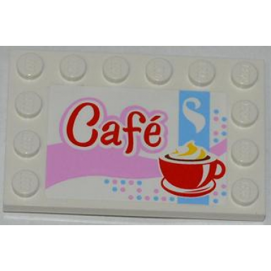 white tile modified 4 x 6 with studs on edges with café cafe and red cup and saucer pattern sticker - set 3061