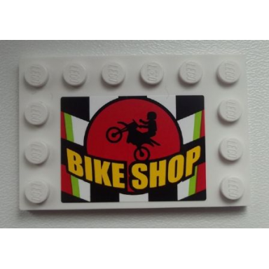white tile modified 4 x 6 with studs on edges with motorcycle and bike shop on checkered background pattern sticker - set 60026