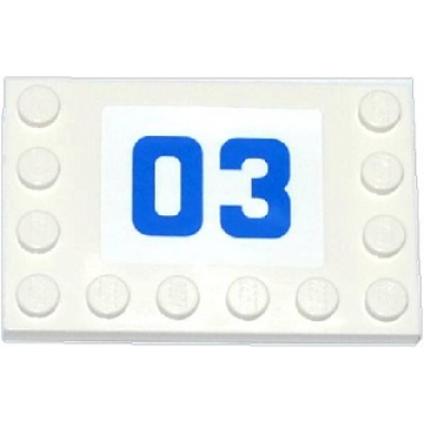 white tile modified 4 x 6 with studs on edges with blue 03 on white background pattern sticker - set 60043