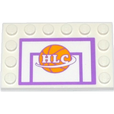 white tile modified 4 x 6 with studs on edges with basketball backboard with ball and hlc pattern sticker - set 41005