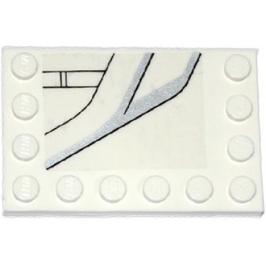 white tile modified 4 x 6 with studs on edges with dc javelin spaceship pattern model left side sticker - set 76028