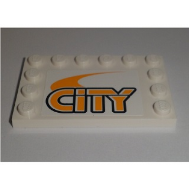 white tile modified 4 x 6 with studs on edges with bright light orange city pattern sticker - set 60097