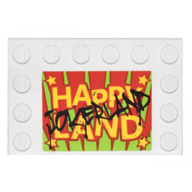 white tile modified 4 x 6 with studs on edges with black jokerland graffiti over yellow happy land pattern sticker - set 76035